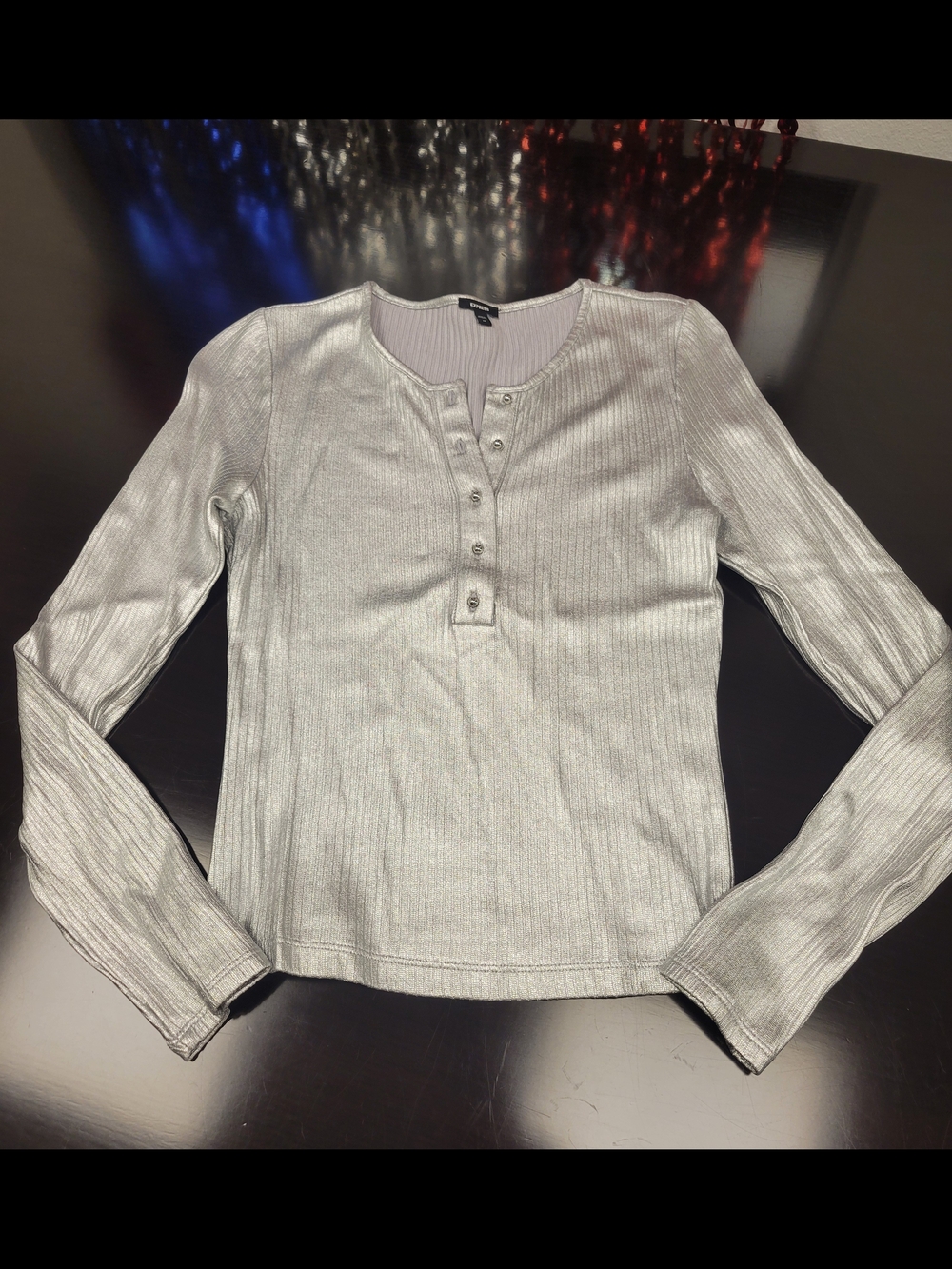 Express Silver Fitted Ribbed Foil Henley Long Sleeve Top